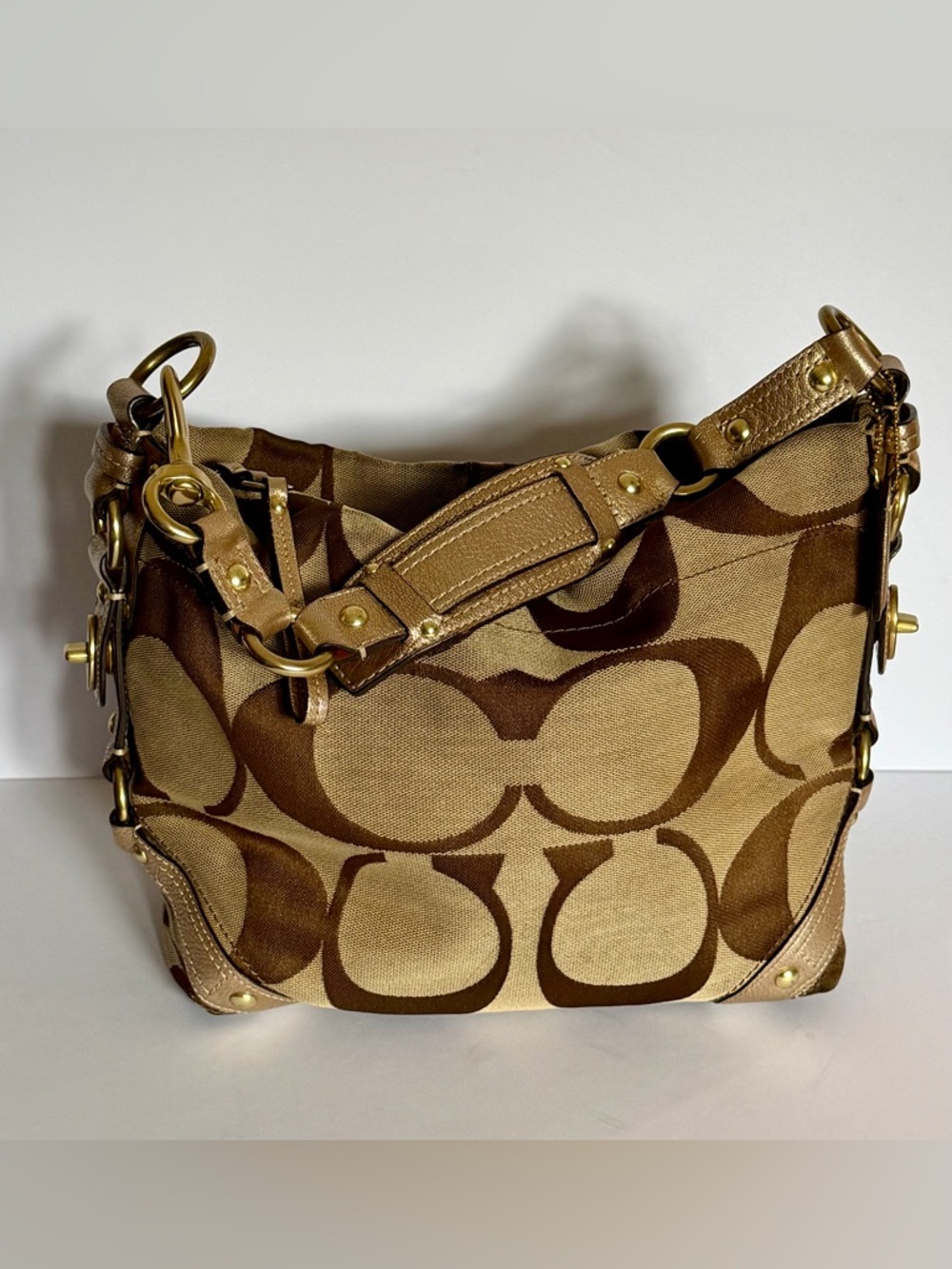 Vintage Coach Signature Carly Hobo Bag Khaki Brown Jacquard Shoulder Bag Y2K